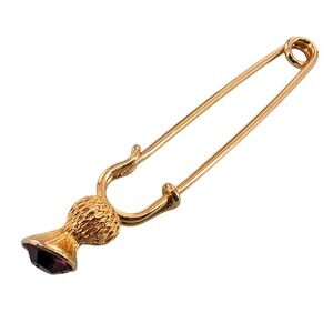 Vintage Runway Statement Gold Tone Amethyst Bezel Safety Pin Brooch 5"